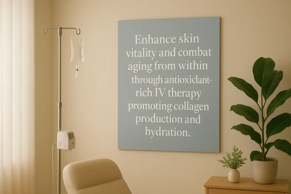 Enhance skin vitality and combat aging from within through antioxidant-rich IV therapy promoting collagen production and hydration.