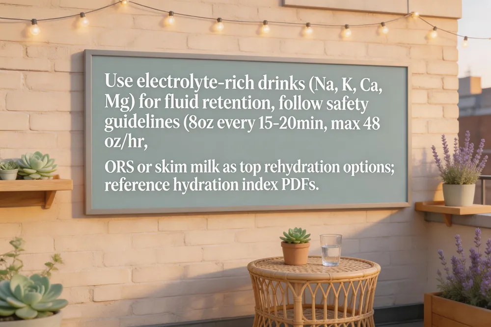 Use electrolyte‑rich drinks (Na, K, Ca, Mg) for fluid retention, follow safety guidelines (8 oz every 15‑20 min, max 48 oz/hr), ORS or skim milk as top rehydration options; reference hydration index PDFs.