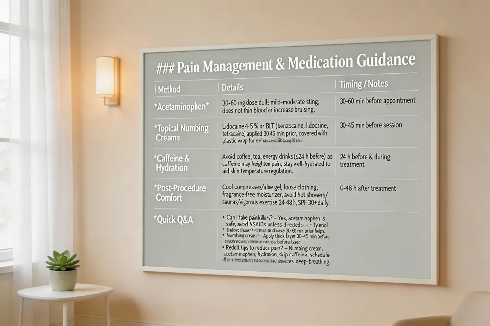 ### Pain Management & Medication Guidance
| Method | Details | Timing / Notes |
|---|---|---|
| Acetaminophen | 30‑60 mg dose dulls mild‑moderate sting; does not thin blood or increase bruising. | 30‑60 min before appointment |
| Topical Numbing Creams | Lidocaine 4‑5 % or BLT (benzocaine, lidocaine, tetracaine) applied 30‑45 min prior, covered with plastic wrap for enhanced absorption. | 30‑45 min before session |
| Caffeine & Hydration | Avoid coffee, tea, energy drinks (≤24 h before) as caffeine may heighten pain; stay well‑hydrated to aid skin temperature regulation. | 24 h before & during treatment |
| Post‑Procedure Comfort | Cool compresses/aloe gel, loose clothing, fragrance‑free moisturizer, avoid hot showers/saunas/vigorous exercise 24‑48 h, SPF 30+ daily. | 0‑48 h after treatment |
| Quick Q&A | • Can I take painkillers? – Yes, acetaminophen is safe; avoid NSAIDs unless directed. | |
| • Tylenol before laser? – Standard dose 30‑60 min prior helps. | ||
| • Numbing cream? – Apply thick layer 30‑45 min before, cover, remove excess before laser. | ||
| • Reddit tips to reduce pain? – Numbing cream, acetaminophen, hydration, skip caffeine, schedule after menstrual period, use cooling devices, deep‑breathing. | — | |
| 
