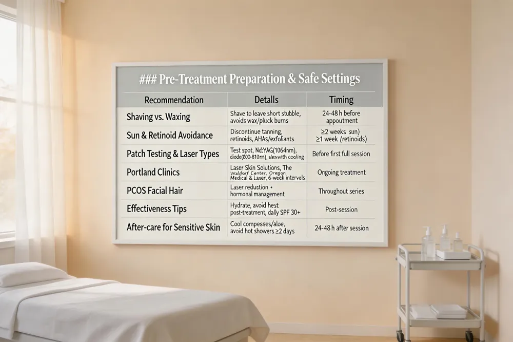 ### Pre‑Treatment Preparation & Safe Settings
| Recommendation | Details | Timing |
|---|---|---|
| Shaving vs. Waxing | Shave to leave a short stubble; avoids surface burns from wax/pluck. | 24‑48 h before appointment |
| Sun & Retinoid Avoidance | Discontinue tanning, self‑tanners, broad‑spectrum SPF, retinoids, AHAs, other exfoliants. | ≥2 weeks (sun), ≥1 week (retinoids) |
| Patch Testing & Laser Types | Small test spot to gauge reaction. Use Nd:YAG (1064 nm), diode (800‑810 nm), alexandrite with adjustable fluence & cooling (cryogen spray, contact, air). | Before first full session |
| Portland Clinics | Laser Skin Solutions, The Waldorf Center, Oregon Medical & Laser – FDA‑cleared Cynosure Elite YAG, Diode, Nd:YAG with cooling tips; 6‑week intervals. | Ongoing treatment |
| PCOS Facial Hair | Laser offers durable reduction; combine with hormonal management and consistent after‑care. | Throughout series |
| Effectiveness Tips | Keep skin hydrated, avoid heat 24‑48 h post‑treatment, use fragrance‑free moisturizers, daily SPF 30+. | Post‑session |
| After‑care for Sensitive Skin | Cool compresses or aloe gel, loose breathable clothing, avoid hot showers/saunas/vigorous exercise ≥2 days; gentle moisturization & sun protection. | 24‑48 h after each session |
| 