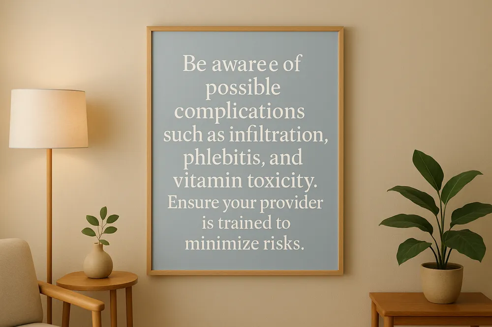 Be aware of possible complications such as infiltration, phlebitis, and vitamin toxicity. Ensure your provider is trained to minimize risks.