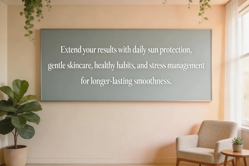 Extend your results with daily sun protection, gentle skincare, healthy habits, and stress management for longer-lasting smoothness.