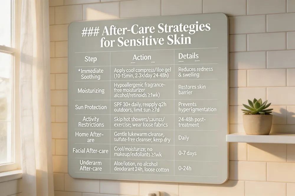 ### After‑Care Strategies for Sensitive Skin
| Step | Action | Details |
|---|---|---|
| Immediate Soothing | Apply cool compress or fragrance‑free aloe‑vera gel (10‑15 min). Repeat 2‑3×/day for first 24‑48 h. | Reduces redness & swelling |
| Moisturizing | Use hypoallergenic, fragrance‑free moisturizer with ceramides or hyaluronic acid. Avoid alcohol, retinoids, acids for ≥1 week. | Restores barrier, keeps skin supple |
| Sun Protection | Broad‑spectrum SPF 30+ every morning; reapply every 2 h outdoors; limit direct sun ≥7 days. | Prevents hyperpigmentation |
| Activity Restrictions | Skip hot showers, saunas, steam rooms, vigorous exercise, tight clothing. Wear loose, breathable fabrics. | 24‑48 h post‑treatment |
| Home After‑care | Gentle cleanse with lukewarm water & mild sulfate‑free cleanser; keep area dry & protected. | Daily |
| Facial After‑care | Same cooling & moisturizing; avoid makeup & exfoliating/acidic products for 1 week. | 0‑7 days |
| Underarm After‑care | After cleaning, apply aloe or fragrance‑free lotion; avoid deodorants with alcohol/aluminum for 24 h; wear loose cotton tops. | 0‑24 h |
| 