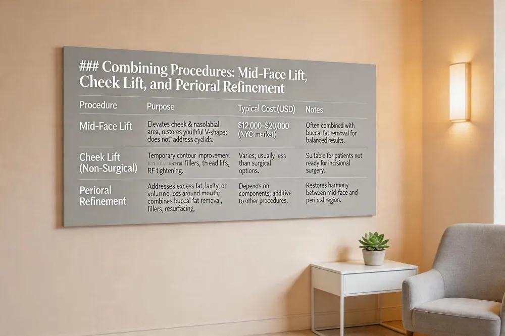 ### Combining Procedures: Mid‑Face Lift, Cheek Lift, and Perioral Refinement
| Procedure | Purpose | Typical Cost (USD) | Notes |
|---|---|---|---|
| Mid‑Face Lift | Elevates cheek & nasolabial area, restores youthful V‑shape; does not address eyelids. | $12,000‑$20,000 (NYC market) | Often combined with buccal fat removal for balanced results. |
| Cheek Lift (Non‑Surgical) | Temporary contour improvement via dermal fillers, thread lifts, RF tightening. | Varies; usually less than surgical options. | Suitable for patients not ready for incisional surgery. |
| Perioral Refinement | Addresses excess fat, laxity, or volume loss around mouth; combines buccal fat removal, fillers, resurfacing. | Depends on components; additive to other procedures. | Restores harmony between mid‑face and perioral region. |
