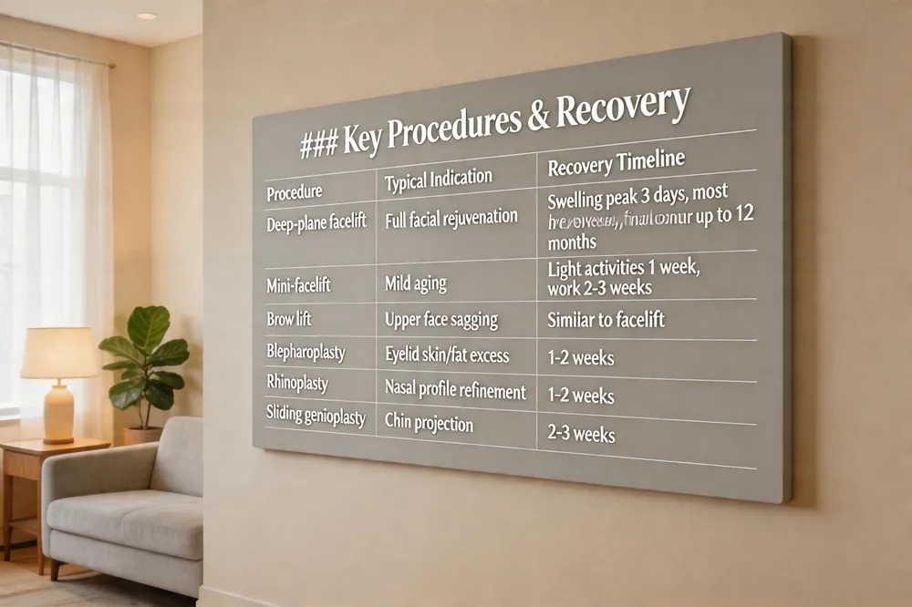 ### Key Procedures & Recovery
| Procedure | Typical Indication | Recovery Timeline |
|---|---|---|
| Deep‑plane facelift | Full facial rejuvenation | Swelling peak 3 days, most resolved by 2 weeks, final contour up to 12 months |
| Mini‑facelift | Mild aging | Light activities 1 week, work 2‑3 weeks |
| Brow lift | Upper face sagging | Similar to facelift |
| Blepharoplasty | Eyelid skin/fat excess | 1‑2 weeks |
| Rhinoplasty | Nasal profile refinement | 1‑2 weeks |
| Sliding genioplasty | Chin projection | 2‑3 weeks |
