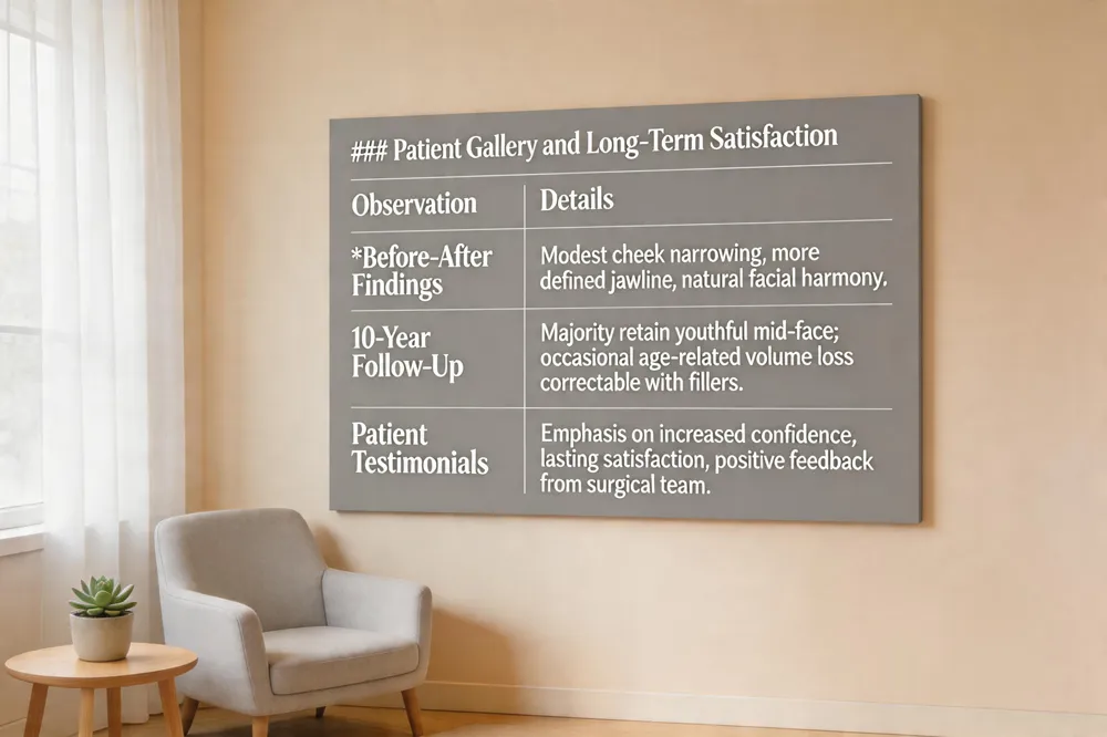 ### Patient Gallery and Long‑Term Satisfaction
| Observation | Details |
|---|---|
| Before‑After Findings | Modest cheek narrowing, more defined jawline, natural facial harmony. |
| 10‑Year Follow‑Up | Majority retain youthful mid‑face; occasional age‑related volume loss correctable with fillers. |
| Patient Testimonials | Emphasis on increased confidence, lasting satisfaction, positive feedback from surgical team. |
