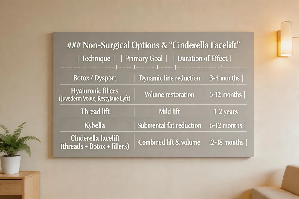 ### Non‑Surgical Options & “Cinderella Facelift”
| Technique | Primary Goal | Duration of Effect |
|---|---|---|
| Botox / Dysport | Dynamic line reduction | 3‑4 months |
| Hyaluronic fillers (Juvederm Volux, Restylane Lyft) | Volume restoration | 6‑12 months |
| Thread lift | Mild lift | 1‑2 years |
| Kybella | Submental fat reduction | 6‑12 months |
| Cinderella facelift (threads + Botox + fillers) | Combined lift & volume | 12‑18 months |
