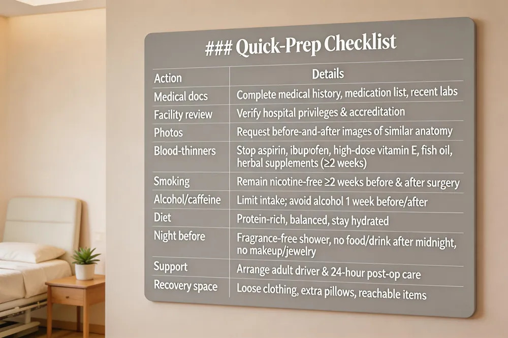 ### Quick‑Prep Checklist
| Action | Details |
|---|---|
| Medical docs | Complete medical history, medication list, recent labs |
| Facility review | Verify hospital privileges & accreditation |
| Photos | Request before‑and‑after images of similar anatomy |
| Blood‑thinners | Stop aspirin, ibuprofen, high‑dose vitamin E, fish oil, herbal supplements (≥2 weeks) |
| Smoking | Remain nicotine‑free ≥2 weeks before & after surgery |
| Alcohol/caffeine | Limit intake; avoid alcohol 1 week before/after |
| Diet | Protein‑rich, balanced, stay hydrated |
| Night before | Fragrance‑free shower, no food/drink after midnight, no makeup/jewelry |
| Support | Arrange adult driver & 24‑hour post‑op care |
| Recovery space | Loose clothing, extra pillows, reachable items |

