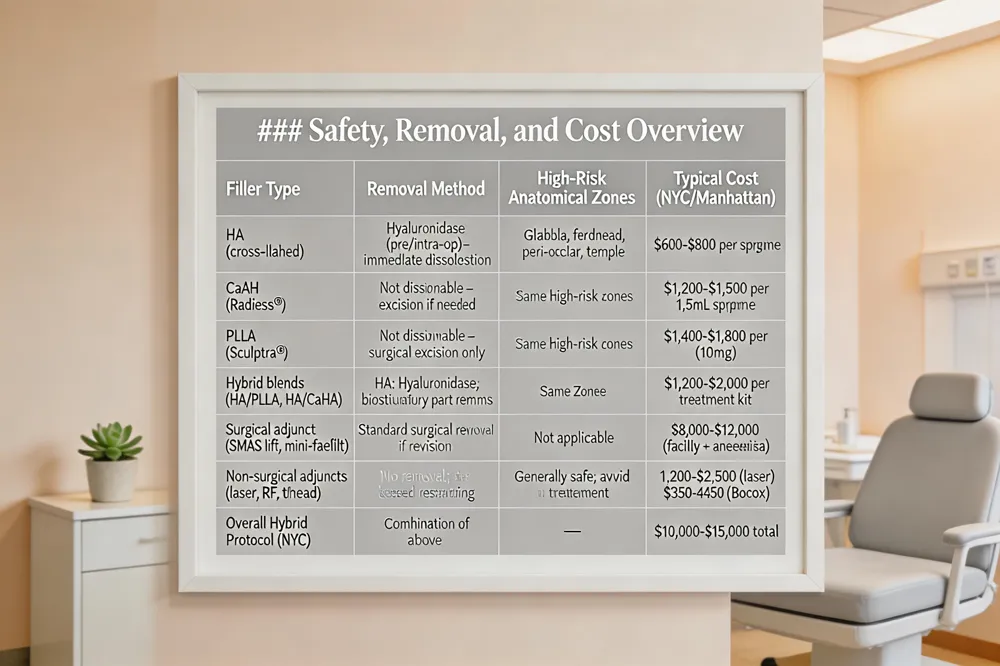 ### Safety, Removal, and Cost Overview
| Filler Type | Removal Method | High‑Risk Anatomical Zones | Typical Cost (NYC/Manhattan) |
|---|---|---|---|
| HA (cross‑linked) | Hyaluronidase (pre‑ or intra‑op) – immediate dissolution | Glabella, forehead, peri‑ocular, temple | $600‑$800 per syringe |
| CaHA (Radiesse®) | Not dissolvable – excision if needed; leave in situ | Same high‑risk zones; caution with high‑viscosity | $1,200‑$1,500 per 1.5 mL syringe |
| PLLA (Sculptra®) | Not dissolvable – surgical excision only | Same high‑risk zones; deeper placement | $1,400‑$1,800 per vial (10 mg) |
| Hybrid blends (HA/PLLA, HA/CaHA) | HA portion removable with hyaluronidase; biostimulatory part remains | Same zones; combined risk profile | $1,200‑$2,000 per treatment kit |
| Surgical adjuncts (SMAS lift, mini‑facelift) | Standard surgical removal if revision needed | Not applicable (surgical) | $8,000‑$12,000 (facility + anesthesia) |
| Non‑surgical adjuncts (laser, RF, thread) | No removal; device‑based resurfacing | Generally safe; avoid over‑treatment | $1,200‑$2,500 (laser) / $350‑$450 (Botox) |
| Overall Hybrid Protocol (NYC) | Combination of above | — | $10,000‑$15,000 total (incl. multiple filler sessions) |
