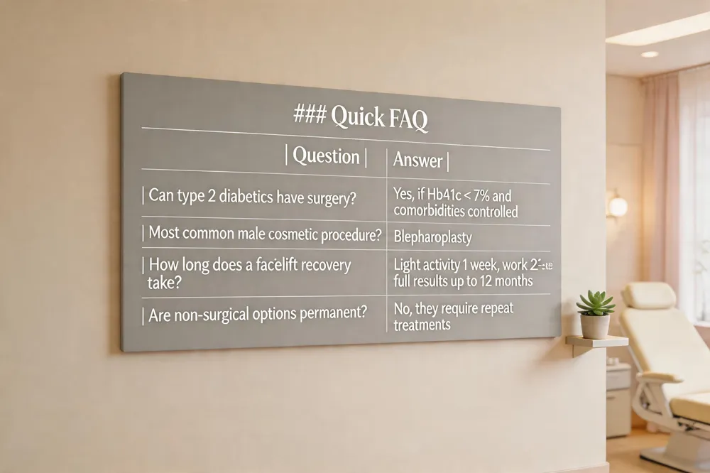 ### Quick FAQ
| Question | Answer |
|---|---|
| Can type 2 diabetics have surgery? | Yes, if HbA1c < 7 % and comorbidities controlled |
| Most common male cosmetic procedure? | Blepharoplasty |
| How long does a facelift recovery take? | Light activity 1 week, work 2‑3 weeks, full results up to 12 months |
| Are non‑surgical options permanent? | No, they require repeat treatments |
