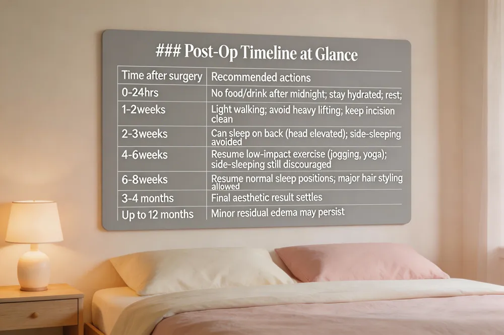 ### Post‑Op Timeline at Glance
| Time after surgery | Recommended actions |
|---|---|
| 0‑24 hrs | No food/drink after midnight; stay hydrated; rest; head elevated |
| 1‑2 weeks | Light walking; avoid heavy lifting; keep incision clean |
| 2‑3 weeks | Can sleep on back (head elevated); side‑sleeping avoided |
| 4‑6 weeks | Resume low‑impact exercise (jogging, yoga); side‑sleeping still discouraged |
| 6‑8 weeks | Resume normal sleep positions; major hair styling allowed |
| 3‑4 months | Final aesthetic result settles |
| Up to 12 months | Minor residual edema may persist |
