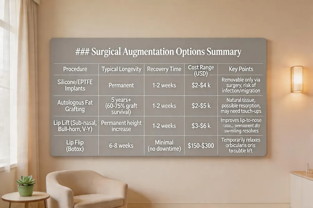 ### Surgical Augmentation Options Summary
| Procedure | Typical Longevity | Recovery Time | Cost Range (USD) | Key Points |
|---|---|---|---|---|
| Silicone/ePTFE Implants | Permanent | 1‑2 weeks | $2‑$4 k | Removable only via surgery; risk of infection/migration |
| Autologous Fat Grafting | 5 years+ (60‑75% graft survival) | 1‑2 weeks | $2‑$5 k | Natural tissue, possible resorption, may need touch‑ups |
| Lip Lift (Sub‑nasal, Bull‑horn, V‑Y) | Permanent height increase | 1‑2 weeks | $3‑$6 k | Improves lip‑to‑nose ratio, permanent after swelling resolves |
| Lip Flip (Botox) | 6‑8 weeks | Minimal (no downtime) | $150‑$300 | Temporarily relaxes orbicularis oris for subtle lift |
