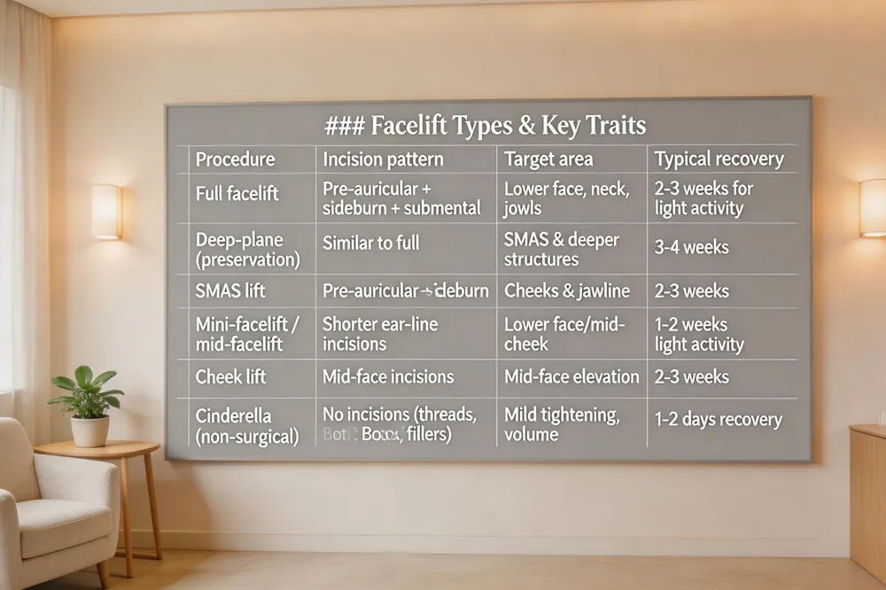### Facelift Types & Key Traits
| Procedure | Incision pattern | Target area | Typical recovery |
|---|---|---|---|
| Full facelift | Pre‑auricular + sideburn + submental | Lower face, neck, jowls | 2‑3 weeks for light activity |
| Deep‑plane (preservation) | Similar to full | SMAS & deeper structures for broader lift | 3‑4 weeks |
| SMAS lift | Pre‑auricular + sideburn | Cheeks & jawline | 2‑3 weeks |
| Mini‑facelift / mid‑facelift | Shorter ear‑line incisions | Lower face or mid‑cheek | 1‑2 weeks light activity |
| Cheek lift | Mid‑face incisions | Mid‑face elevation | 2‑3 weeks |
| Cinderella (non‑surgical) | No incisions (threads, Botox, fillers) | Mild tightening, volume | 1‑2 days recovery |
