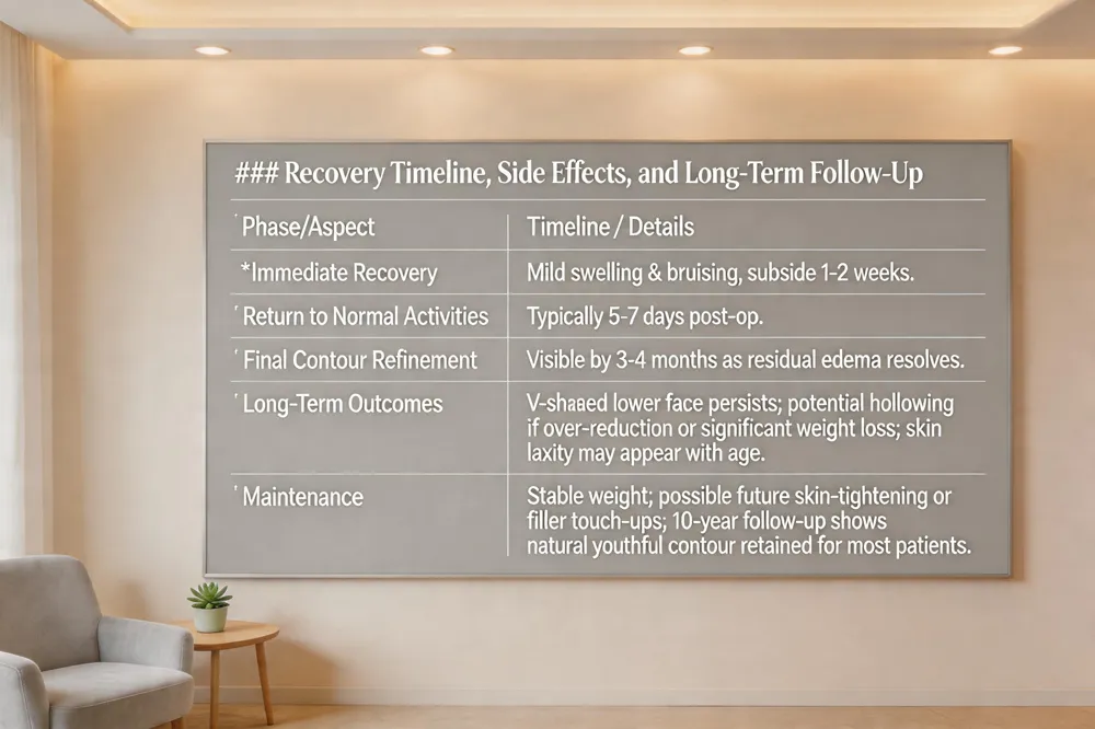 ### Recovery Timeline, Side Effects, and Long‑Term Follow‑Up
| Phase/Aspect | Timeline / Details |
|---|---|
| Immediate Recovery | Mild swelling & bruising, subside 1‑2 weeks. |
| Return to Normal Activities | Typically 5‑7 days post‑op. |
| Final Contour Refinement | Visible by 3‑4 months as residual edema resolves. |
| Long‑Term Outcomes | V‑shaped lower face persists; potential hollowing if over‑reduction or significant weight loss; skin laxity may appear with age. |
| Maintenance | Stable weight; possible future skin‑tightening or filler touch‑ups; 10‑year follow‑up shows natural youthful contour retained for most patients. |
