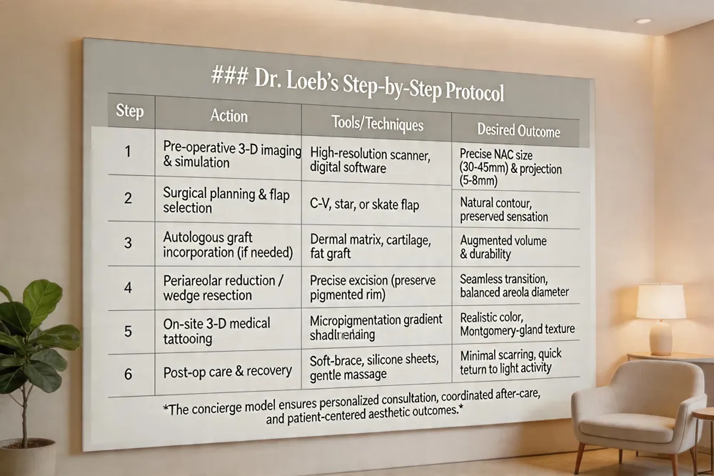 ### Dr. Loeb’s Step‑by‑Step Protocol
| Step | Action | Tools/Techniques | Desired Outcome |
|---|---|---|---|
| 1 | Pre‑operative 3‑D imaging & simulation | High‑resolution scanner, digital software | Precise NAC size (30‑45 mm) & projection (5‑8 mm) |
| 2 | Surgical planning & flap selection | C‑V, star, or skate flap based on tissue quality | Natural contour, preserved sensation |
| 3 | Autologous graft incorporation (if needed) | Dermal matrix, cartilage, or fat graft | Augmented volume & durability |
| 4 | Periareolar reduction / wedge resection (for hypertrophy) | Precise excision preserving pigmented rim | Seamless transition, balanced areola diameter |
| 5 | On‑site 3‑D medical tattooing | Micropigmentation with gradient shading | Realistic color, Montgomery‑gland texture |
| 6 | Post‑op care & rapid recovery | Soft‑brace, silicone sheets, early gentle massage | Minimal scarring, quick return to light activity |
The concierge model ensures personalized consultation, coordinated after‑care, and patient‑centered aesthetic outcomes.