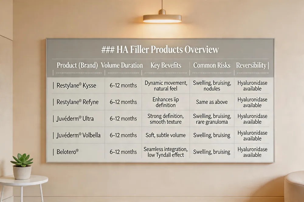 ### HA Filler Products Overview
| Product (Brand) | Volume Duration | Key Benefits | Common Risks | Reversibility |
|---|---|---|---|---|
| Restylane® Kysse | 6‑12 months | Dynamic movement, natural feel | Swelling, bruising, nodules | Hyaluronidase available |
| Restylane® Refyne | 6‑12 months | Enhances lip definition | Same as above | Hyaluronidase available |
| Juvéderm® Ultra | 6‑12 months | Strong definition, smooth texture | Swelling, bruising, rare granuloma | Hyaluronidase available |
| Juvéderm® Volbella | 6‑12 months | Soft, subtle volume | Swelling, bruising | Hyaluronidase available |
| Belotero® | 6‑12 months | Seamless integration, low Tyndall effect | Swelling, bruising | Hyaluronidase available |
