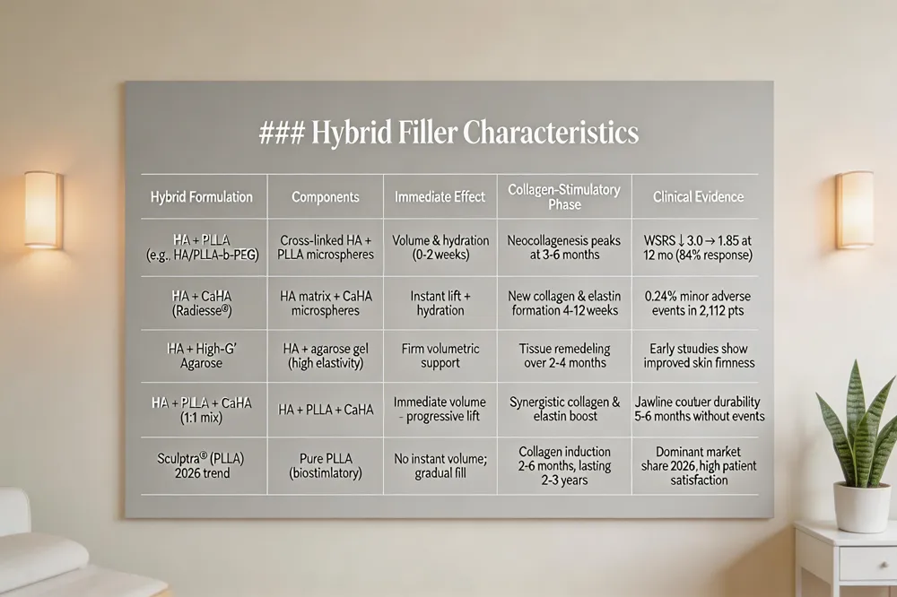 ### Hybrid Filler Characteristics
| Hybrid Formulation | Components | Immediate Effect | Collagen‑Stimulatory Phase | Clinical Evidence |
|---|---|---|---|---|
| HA + PLLA (e.g., HA/PLLA‑b‑PEG) | Cross‑linked HA + PLLA microspheres | Volume & hydration (0‑2 weeks) | Neocollagenesis peaks at 3‑6 months | WSRS ↓ 3.0 → 1.85 at 12 mo (84 % response) |
| HA + CaHA (Radiesse®) | HA matrix + CaHA microspheres | Instant lift + hydration | New collagen & elastin formation 4‑12 weeks | 0.24 % minor adverse events in 2,112 pts |
| HA + High‑G′ Agarose | HA + agarose gel (high elasticity) | Firm volumetric support | Tissue remodeling over 2‑4 months | Early studies show improved skin firmness |
| HA + PLLA + CaHA (1:1 mix) | HA + PLLA + CaHA | Immediate volume + progressive lift | Synergistic collagen & elastin boost | Jawline contour durability 5‑6 months without events |
| Sculptra® (PLLA) – 2026 trend | Pure PLLA (biostimulatory) | No instant volume; gradual fill | Collagen induction 2‑6 months, lasting 2‑3 years | Dominant market share 2026, high patient satisfaction |
