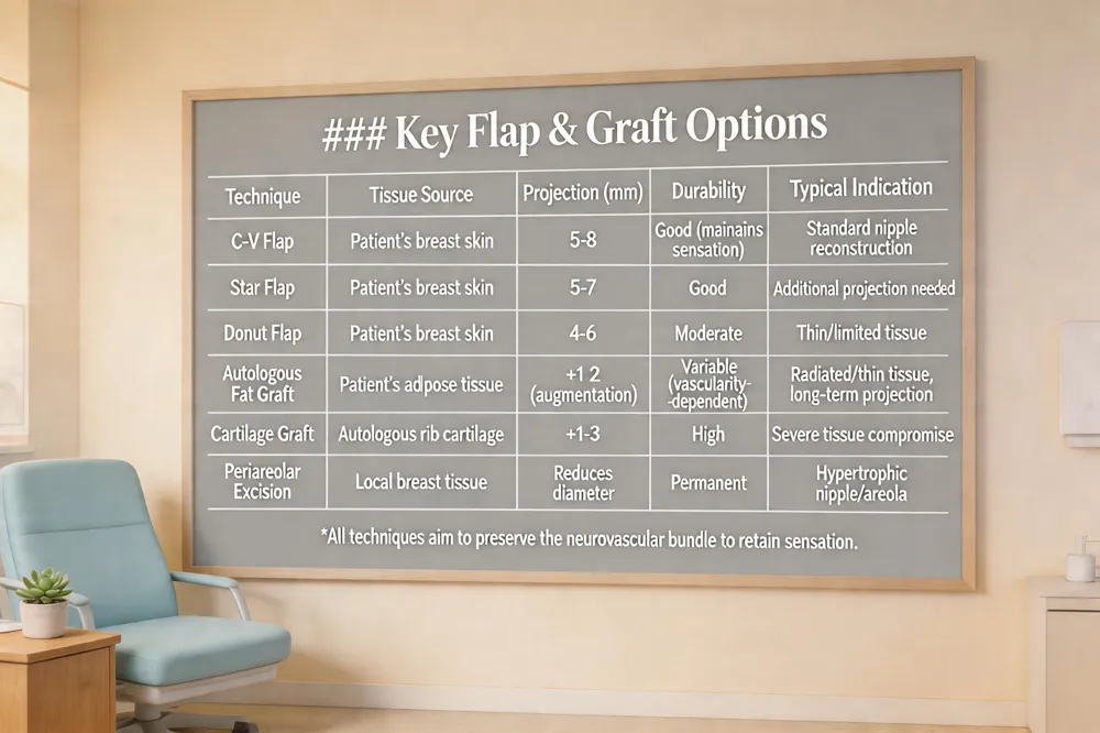 ### Key Flap & Graft Options
| Technique | Tissue Source | Projection (mm) | Durability | Typical Indication |
|---|---|---|---|---|
| C‑V Flap | Patient’s breast skin | 5‑8 | Good (maintains sensation) | Standard nipple reconstruction |
| Star Flap | Patient’s breast skin | 5‑7 | Good | When additional projection needed |
| Donut Flap | Patient’s breast skin | 4‑6 | Moderate | Thin skin or limited tissue |
| Autologous Fat Graft | Patient’s adipose tissue | +1‑2 (augmentation) | Variable (depends on vascularity) | Radiated or thin tissue, long‑term projection |
| Cartilage Graft | Autologous cartilage (e.g., rib) | +1‑3 | High | Severe tissue compromise |
| Periareolar Excision / Wedge Resection | Local breast tissue | Reduces diameter, maintains rim | Permanent | Hypertrophic nipple/areola |
All techniques aim to preserve the neurovascular bundle to retain sensation.