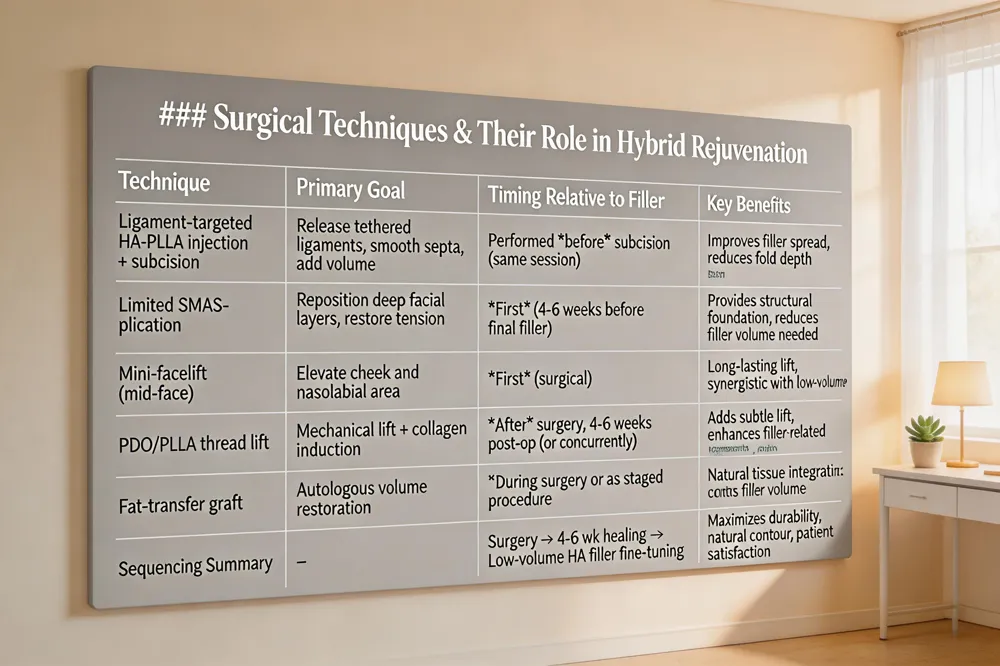 ### Surgical Techniques & Their Role in Hybrid Rejuvenation
| Technique | Primary Goal | Timing Relative to Filler | Key Benefits |
|---|---|---|---|
| Ligament‑targeted HA‑PLLA injection + subcision | Release tethered ligaments, smooth septa, add volume | Performed before subcision (same session) | Improves filler spread, reduces fold depth |
| Limited SMAS‑plication | Reposition deep facial layers, restore tension | First (4‑6 weeks before final filler) | Provides structural foundation, reduces filler volume needed |
| Mini‑facelift (mid‑face) | Elevate cheek and nasolabial area | First (surgical) | Long‑lasting lift, synergistic with low‑volume filler |
| PDO/PLLA thread lift | Mechanical lift + collagen induction | After surgery, 4‑6 weeks post‑op (or concurrently) | Adds subtle lift, enhances filler‑related remodeling |
| Fat‑transfer graft | Autologous volume restoration | During surgery or as staged procedure | Natural tissue integration; complements filler volume |
| Sequencing Summary | – | Surgery → 4‑6 wk healing → Low‑volume HA filler fine‑tuning | Maximizes durability, natural contour, patient satisfaction |
