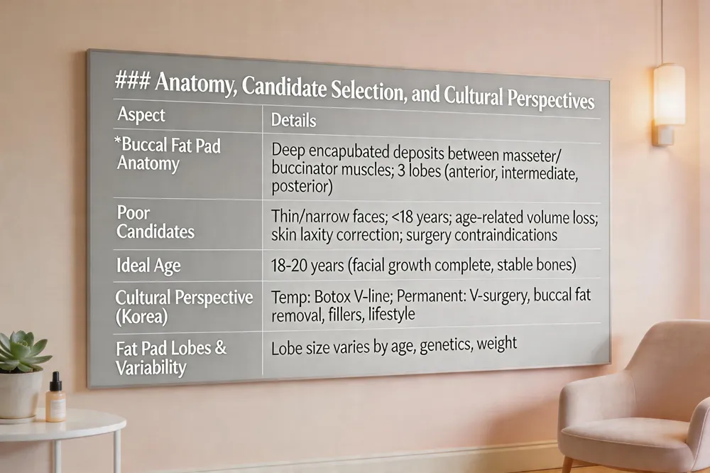 ### Anatomy, Candidate Selection, and Cultural Perspectives
| Aspect | Details |
|---|---|
| Buccal Fat Pad Anatomy | Deep, encapsulated deposits between the masseter and buccinator muscles; beneath cheekbones and above mandibular ramus; three lobes (anterior, intermediate, posterior). |
| Poor Candidates | Naturally thin/narrow faces; patients <18 years (still growing); older individuals with significant age‑related volume loss; those seeking skin laxity correction; contraindications to oral surgery/anesthesia. |
| Ideal Age | 18‑20 years (facial growth complete, bone structure stable). |
| Cultural Perspective (Korea) | Non‑surgical masseter Botox for temporary V‑line; permanent options include V‑line jaw surgery, chin augmentation, buccal fat removal, facial liposuction, thread lifts, dermal fillers, lifestyle measures (skincare, massage, low‑sodium diet). |
| Fat Pad Lobes & Variability | Three lobes can size varies with age, genetics, and weight. |
