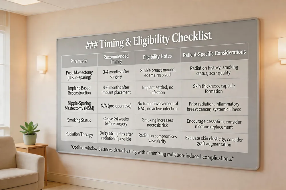 ### Timing & Eligibility Checklist
| Parameter | Recommended Timing | Eligibility Notes | Patient‑Specific Considerations |
|---|---|---|---|
| Post‑Mastectomy (tissue‑sparing) | 3‑4 months after surgery | Stable breast mound, edema resolved | Radiation history, smoking status, scar quality |
| Implant‑Based Reconstruction | 4‑6 months after implant placement | Implant settled, no infection | Skin thickness, capsule formation |
| Nipple‑Sparing Mastectomy (NSM) | N/A (pre‑operative) | No tumor involvement of NAC, no active infection | Prior radiation, inflammatory breast cancer, systemic illness |
| Smoking Status | Cease ≥4 weeks before surgery | Smoking increases necrosis risk | Encourage cessation, consider nicotine replacement |
| Radiation Therapy | Delay ≥6 months after radiation if possible | Radiation compromises vascularity | Evaluate skin elasticity, consider graft augmentation |
Optimal window balances tissue healing with minimizing radiation‑induced complications.