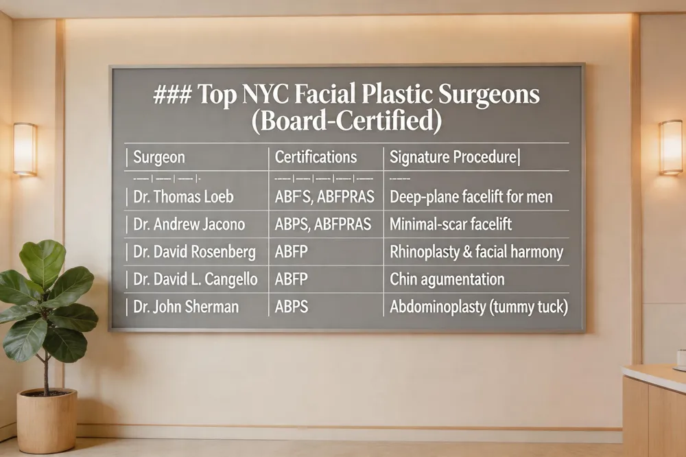 ### Top NYC Facial Plastic Surgeons (Board‑Certified)
| Surgeon | Certifications | Signature Procedure |
|---|---|---|
| Dr. Thomas Loeb | ABFPS, ABFPRAS | Deep‑plane facelift for men |
| Dr. Andrew Jacono | ABPS, ABFPRAS | Minimal‑scar facelift |
| Dr. David Rosenberg | ABFP | Rhinoplasty & facial harmony |
| Dr. David L. Cangello | ABFP | Chin augmentation |
| Dr. John Sherman | ABPS | Abdominoplasty (tummy tuck) |
