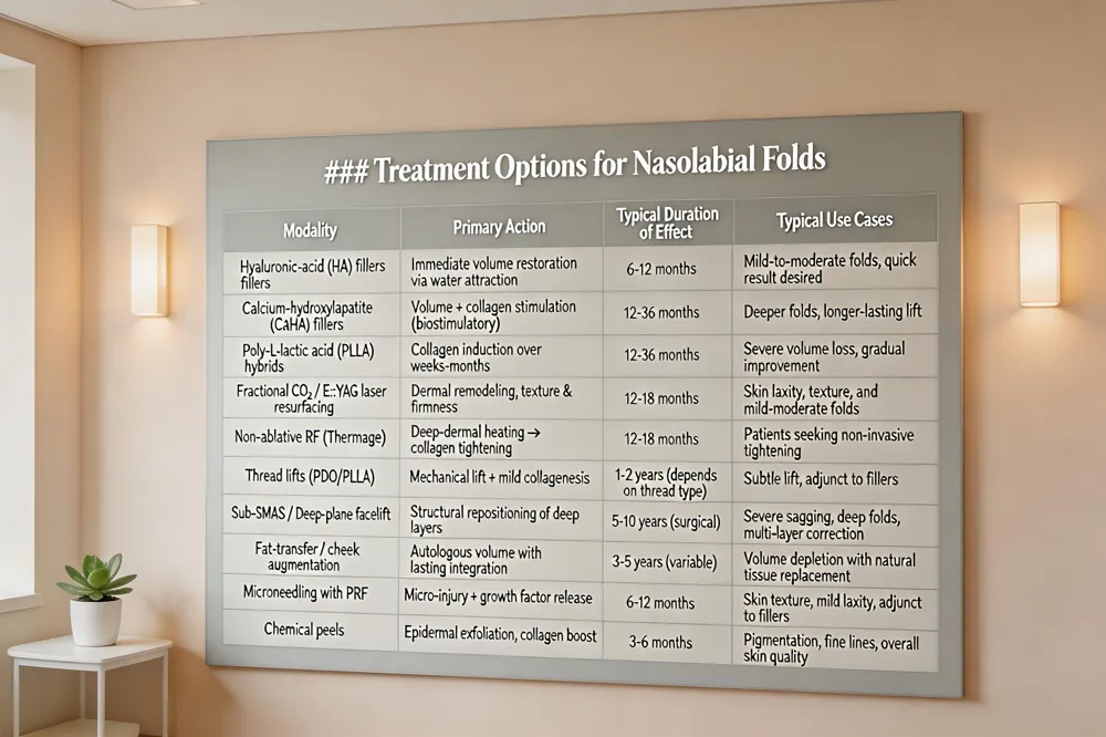 ### Treatment Options for Nasolabial Folds
| Modality | Primary Action | Typical Duration of Effect | Typical Use Cases |
|---|---|---|---|
| Hyaluronic‑acid (HA) fillers | Immediate volume restoration via water attraction | 6‑12 months | Mild‑to‑moderate folds; quick result desired |
| Calcium‑hydroxylapatite (CaHA) fillers | Volume + collagen stimulation (biostimulatory) | 12‑36 months | Deeper folds; longer‑lasting lift |
| Poly‑L‑lactic acid (PLLA) hybrids | Collagen induction over weeks‑months | 12‑36 months | Severe volume loss; gradual improvement |
| Fractional CO₂ / Er:YAG laser resurfacing | Dermal remodeling, texture & firmness | 12‑18 months | Skin laxity, texture, and mild‑moderate folds |
| Non‑ablative RF (Thermage) | Deep‑dermal heating → collagen tightening | 12‑18 months | Patients seeking non‑invasive tightening |
| Thread lifts (PDO/PLLA) | Mechanical lift + mild collagenesis | 1‑2 years (depends on thread type) | Subtle lift, adjunct to fillers |
| Sub‑SMAS / Deep‑plane facelift | Structural repositioning of deep layers | 5‑10 years (surgical) | Severe sagging, deep folds, multi‑layer correction |
| Fat‑transfer / cheek augmentation | Autologous volume with lasting integration | 3‑5 years (variable) | Volume depletion with natural tissue replacement |
| Microneedling with PRF | Micro‑injury + growth factor release | 6‑12 months | Skin texture, mild laxity, adjunct to fillers |
| Chemical peels | Epidermal exfoliation, collagen boost | 3‑6 months | Pigmentation, fine lines, overall skin quality |
