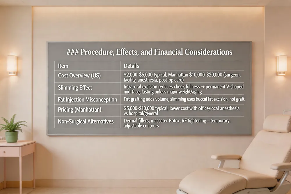 ### Procedure, Effects, and Financial Considerations
| Item | Details |
|---|---|
| Cost Overview (US) | $2,000‑$5,000 typical; Manhattan $10,000‑$20,000 (surgeon honorarium, facility, anesthesia, post‑op care). |
| Slimming Effect | Intra‑oral excision reduces cheek fullness → permanent V‑shaped mid‑face; effect lasting unless major weight change or aging. |
| Fat Injection Misconception | Fat grafting adds volume; for slimming, surgeons excise excess buccal fat rather than graft. |
| Pricing Details (Manhattan) | $5,000‑$10,000 typical; lower cost with office‑based and local anesthesia versus hospital & general anesthesia. |
| Non‑Surgical Alternatives | Dermal fillers, masseter Botox, radio‑frequency skin tightening – temporary, adjustable contour changes. |
