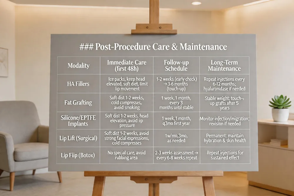 ### Post‑Procedure Care & Maintenance
| Modality | Immediate Care (first 48 h) | Follow‑up Schedule | Long‑Term Maintenance |
|---|---|---|---|
| HA Fillers | Ice packs, keep head elevated, soft diet, limit lip movement | 1‑2 weeks (early check) then 3‑6 months (touch‑up) | Repeat injections every 6‑12 months; hyaluronidase if needed |
| Fat Grafting | Soft diet 1‑2 weeks, cold compresses, avoid smoking | 1 week, 1 month, then every 3 months until stabilization | Stable weight, occasional touch‑up grafts after 5 years |
| Silicone/ePTFE Implants | Soft diet 1‑2 weeks, head elevation, avoid pressure on lips | 1 week, 1 month, then 3‑month intervals for first year | Routine monitoring for infection/migration; revision if needed |
| Lip Lift (Surgical) | Soft diet 1‑2 weeks, avoid vigorous facial expressions, cold compresses | 1 week, 1 month, 3 months, then as needed | Permanent result; maintain hydration & skin health |
| Lip Flip (Botox) | No special care, avoid rubbing area | 2‑3 weeks (assessment) then repeat every 6‑8 weeks | Repeat injections for sustained effect |
