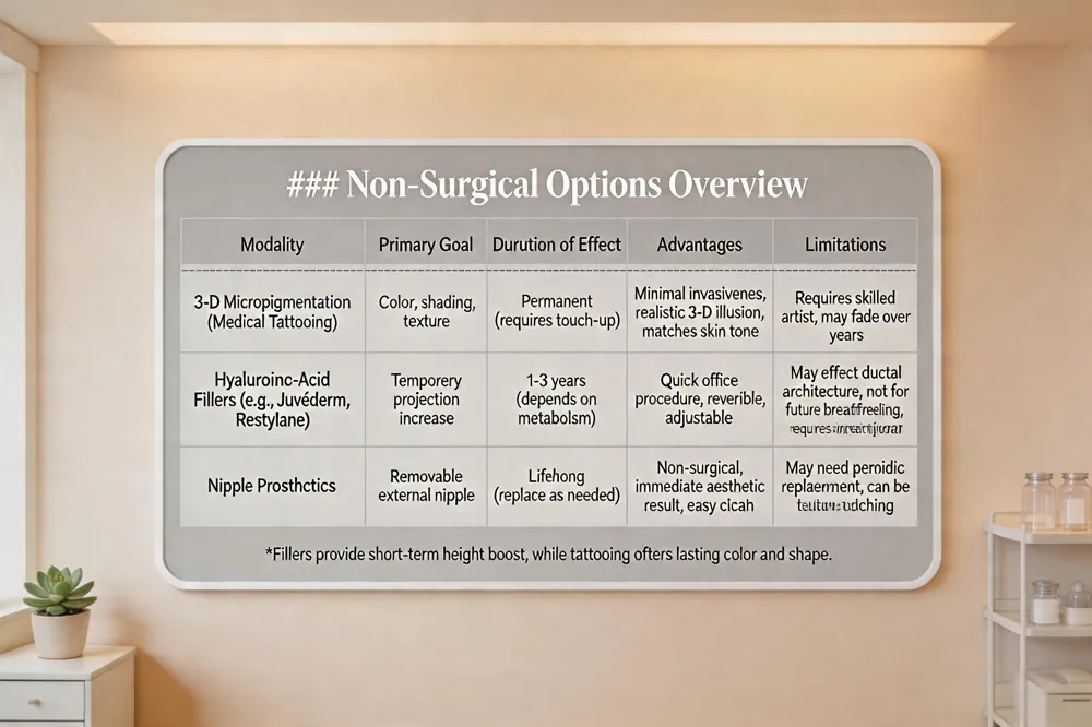 ### Non‑Surgical Options Overview
| Modality | Primary Goal | Duration of Effect | Advantages | Limitations |
|---|---|---|---|---|
| 3‑D Micropigmentation (Medical Tattooing) | Color, shading, texture | Permanent (requires touch‑up) | Minimal invasiveness, realistic 3‑D illusion, matches skin tone | Requires skilled artist, may fade over years |
| Hyaluronic‑Acid Fillers (e.g., Juvéderm, Restylane) | Temporary projection increase | 1‑3 years (depends on metabolism) | Quick office procedure, reversible, adjustable | May affect ductal architecture, not for future breastfeeding, requires repeat injections |
| Nipple Prosthetics | Removable external nipple | Lifelong (replace as needed) | Non‑surgical, immediate aesthetic result, easy to clean | May need periodic replacement, can be felt under clothing |
Fillers provide short‑term height boost, while tattooing offers lasting color and shape.