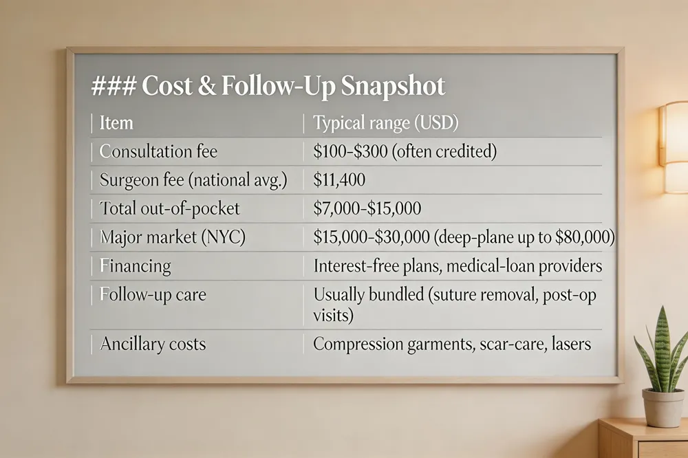 ### Cost & Follow‑Up Snapshot
| Item | Typical range (USD) |
|---|---|
| Consultation fee | $100‑$300 (often credited) |
| Surgeon fee (national avg.) | $11,400 |
| Total out‑of‑pocket (incl. anesthesia, facility) | $7,000‑$15,000 |
| Major market (NYC) | $15,000‑$30,000 (deep‑plane up to $80,000) |
| Financing | Interest‑free plans, medical‑loan providers |
| Follow‑up care | Usually bundled (suture removal, post‑op visits) |
| Ancillary costs | Compression garments, scar‑care, lasers (verify inclusion) |
