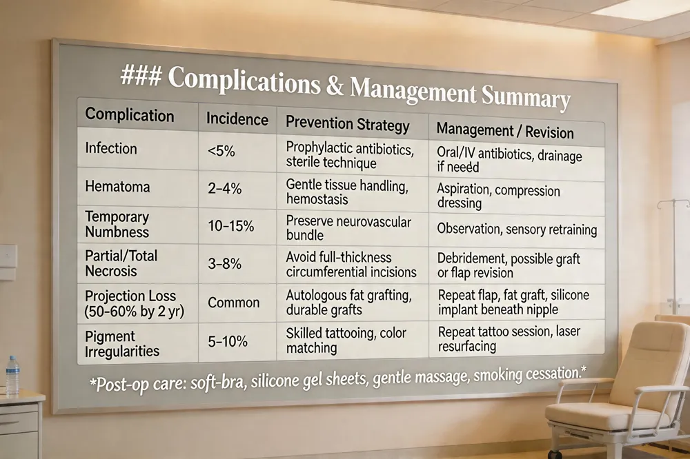 ### Complications & Management Summary
| Complication | Incidence | Prevention Strategy | Management / Revision |
|---|---|---|---|
| Infection | <5 % | Prophylactic antibiotics, sterile technique | Oral/IV antibiotics, drainage if needed |
| Hematoma | 2‑4 % | Gentle tissue handling, hemostasis | Aspiration, compression dressing |
| Temporary Numbness | 10‑15 % | Preserve neurovascular bundle | Observation, sensory retraining |
| Partial/Total Necrosis | 3‑8 % | Avoid full‑thickness circumferential incisions | Debridement, possible graft or flap revision |
| Projection Loss (50‑60 % by 2 yr) | Common | Autologous fat grafting, durable grafts | Repeat flap, fat graft, silicone implant beneath nipple |
| Pigment Irregularities | 5‑10 % | Skilled tattooing, color matching | Repeat tattoo session, laser resurfacing |
Post‑op care: soft‑bra, silicone gel sheets, gentle massage, smoking cessation.