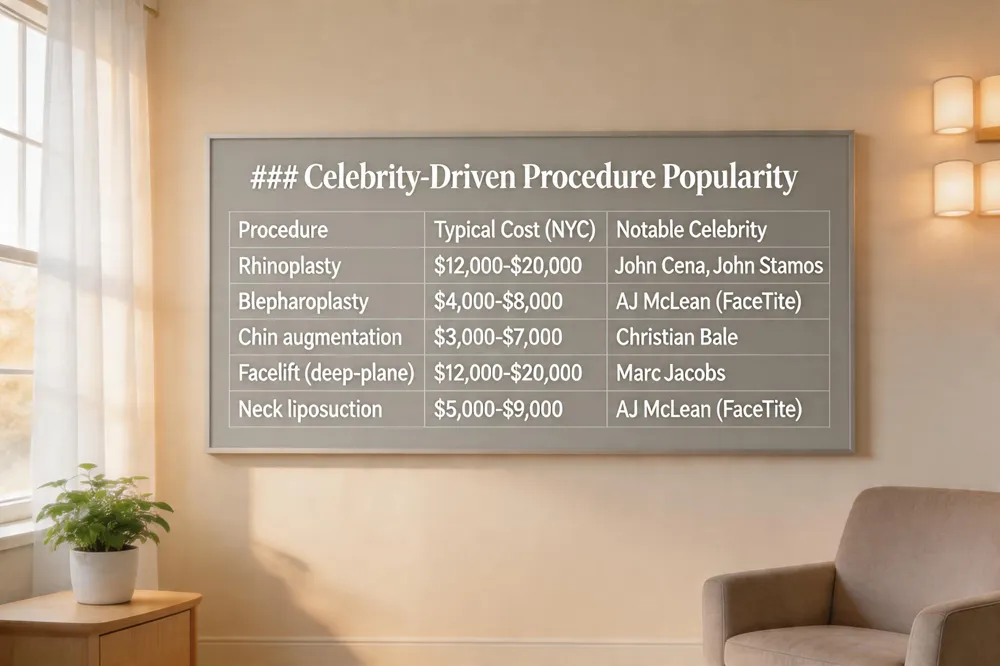 ### Celebrity‑Driven Procedure Popularity
| Procedure | Typical Cost (NYC) | Notable Celebrity |
|---|---|---|
| Rhinoplasty | $12,000‑$20,000 | John Cena, John Stamos |
| Blepharoplasty | $4,000‑$8,000 | AJ McLean (FaceTite) |
| Chin augmentation | $3,000‑$7,000 | Christian Bale |
| Facelift (deep‑plane) | $12,000‑$20,000 | Marc Jacobs |
| Neck liposuction | $5,000‑$9,000 | AJ McLean (FaceTite) |
