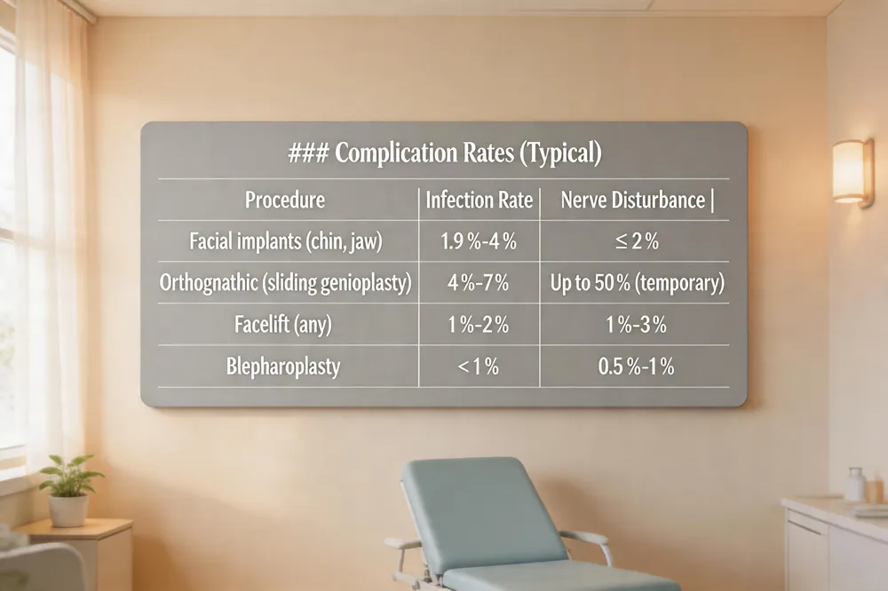### Complication Rates (Typical)
| Procedure | Infection Rate | Nerve Disturbance |
|---|---|---|
| Facial implants (chin, jaw) | 1.9 %‑4 % | ≤ 2 % |
| Orthognathic (sliding genioplasty) | 4 %‑7 % | Up to 50 % (temporary) |
| Facelift (any) | 1 %‑2 % | 1 %‑3 % |
| Blepharoplasty | < 1 % | 0.5 %‑1 % |

