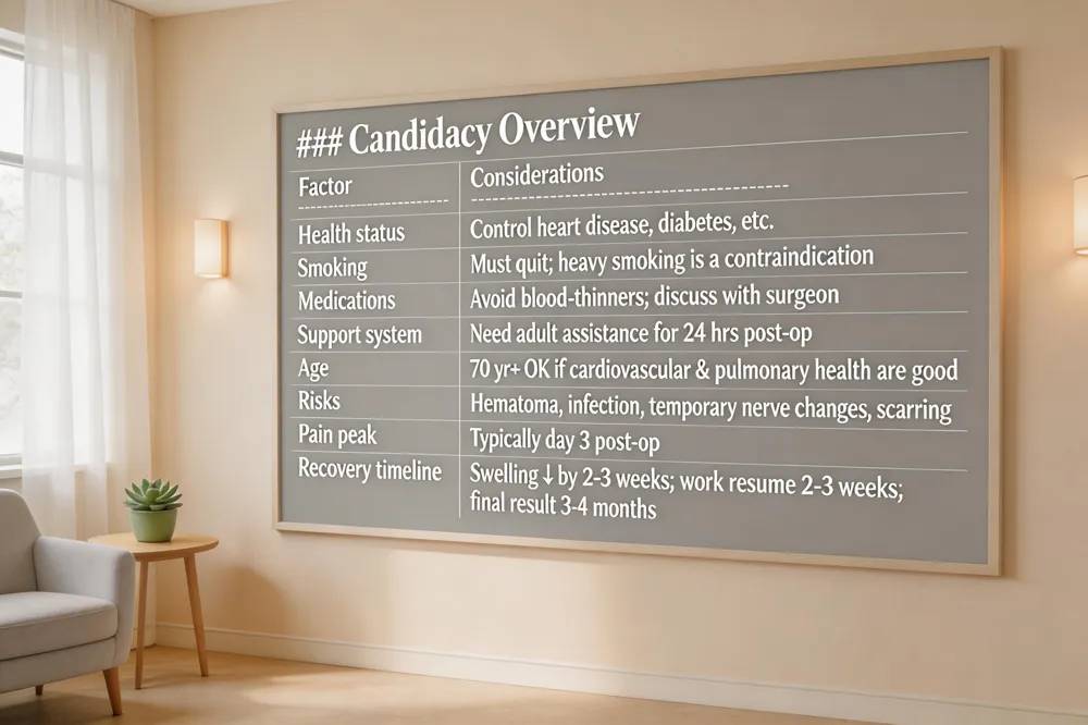 ### Candidacy Overview
| Factor | Considerations |
|---|---|
| Health status | Control heart disease, diabetes, etc. |
| Smoking | Must quit; heavy smoking is a contraindication |
| Medications | Avoid blood‑thinners; discuss with surgeon |
| Support system | Need adult assistance for 24 hrs post‑op |
| Age | 70 yr+ OK if cardiovascular & pulmonary health are good |
| Risks | Hematoma, infection, temporary nerve changes, scarring, swelling |
| Pain peak | Typically day 3 post‑op |
| Recovery timeline | Swelling ↓ by 2‑3 weeks; work resume 2‑3 weeks; final result 3‑4 months |
