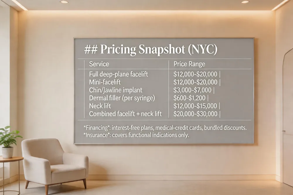 ### Pricing Snapshot (NYC)
| Service | Price Range |
|---|---|
| Full deep‑plane facelift | $12,000‑$20,000 |
| Mini‑facelift | $12,000‑$20,000 |
| Chin/jawline implant | $3,000‑$7,000 |
| Dermal filler (per syringe) | $600‑$1,200 |
| Neck lift | $12,000‑$15,000 |
| Combined facelift + neck lift | $20,000‑$30,000 |
Financing: interest‑free plans, medical‑credit cards, bundled discounts. Insurance: covers functional indications only. 