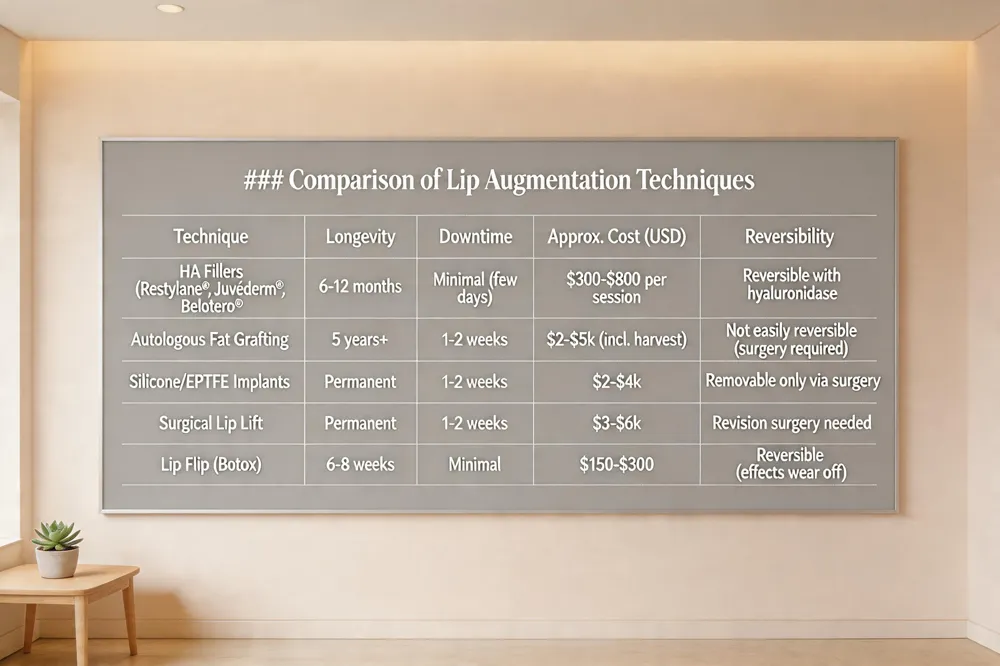 ### Comparison of Lip Augmentation Techniques
| Technique | Longevity | Downtime | Approx. Cost (USD) | Reversibility |
|---|---|---|---|---|
| HA Fillers (Restylane®, Juvéderm®, Belotero®) | 6‑12 months | Minimal (few days) | $300‑$800 per session | Reversible with hyaluronidase |
| Autologous Fat Grafting | 5 years+ (semi‑permanent) | 1‑2 weeks | $2‑$5 k (incl. harvest) | Not easily reversible (requires surgery) |
| Silicone/ePTFE Implants | Permanent | 1‑2 weeks | $2‑$4 k | Permanent (removable only via surgery) |
| Surgical Lip Lift (sub‑nasal, bull‑horn, V‑Y) | Permanent (height increase) | 1‑2 weeks | $3‑$6 k | Permanent (requires revision surgery) |
| Lip Flip (Botox) | 6‑8 weeks | Minimal | $150‑$300 | Reversible (effects wear off) |
