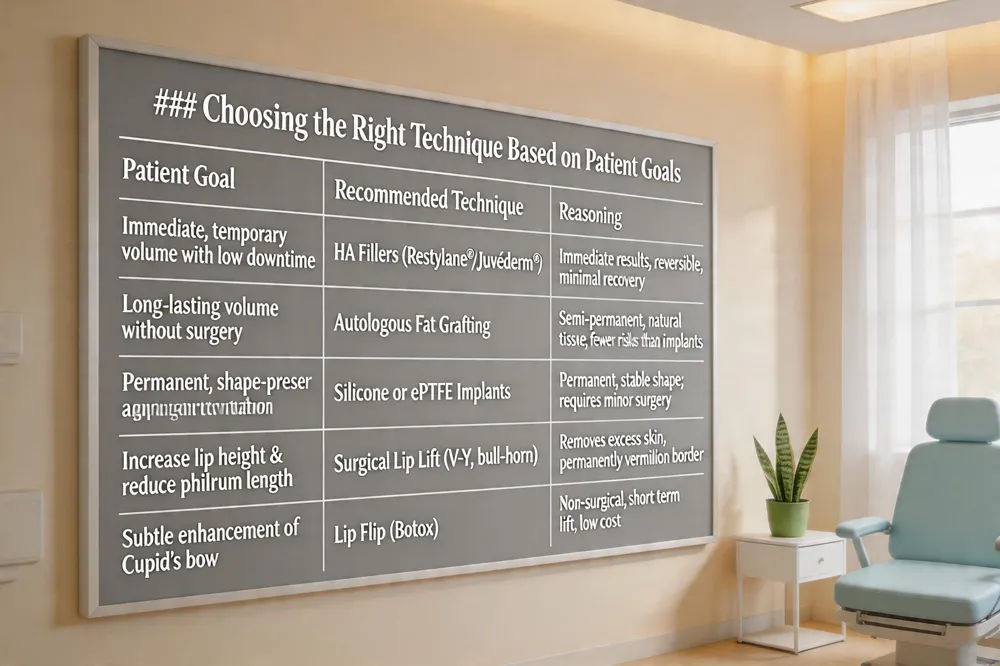 ### Choosing the Right Technique Based on Patient Goals
| Patient Goal | Recommended Technique | Reasoning |
|---|---|---|
| Immediate, temporary volume with low downtime | HA Fillers (Restylane®/Juvéderm®) | Immediate results, reversible, minimal recovery |
| Long‑lasting volume without surgery | Autologous Fat Grafting | Semi‑permanent, natural tissue, fewer risks than implants |
| Permanent, shape‑preserving augmentation | Silicone or ePTFE Implants | Permanent, stable shape; requires minor surgery |
| Increase lip height & reduce philtrum length | Surgical Lip Lift (V‑Y, bull‑horn) | Removes excess skin, permanently elevates vermilion border |
| Subtle enhancement of Cupid’s bow | Lip Flip (Botox) | Non‑surgical, short‑term lift, low cost |
