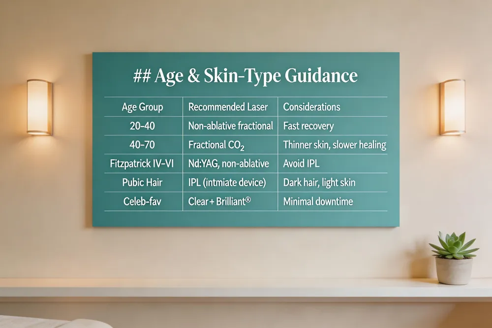 ## Age & Skin‑Type Guidance
| Age Group | Recommended Laser | Considerations |
|---|---|---|
| 20‑40 | Non‑ablative fractional | Fast recovery |
| 40‑70 | Fractional CO₂ with lower fluence | Thinner skin, slower healing |
| Fitzpatrick IV‑VI | Nd:YAG, non‑ablative | Avoid IPL |
| Pubic Hair | IPL (intimate device) | Dark hair, light skin |
| Celeb‑fav | Clear + Brilliant® (non‑ablative) | Minimal downtime |
| 