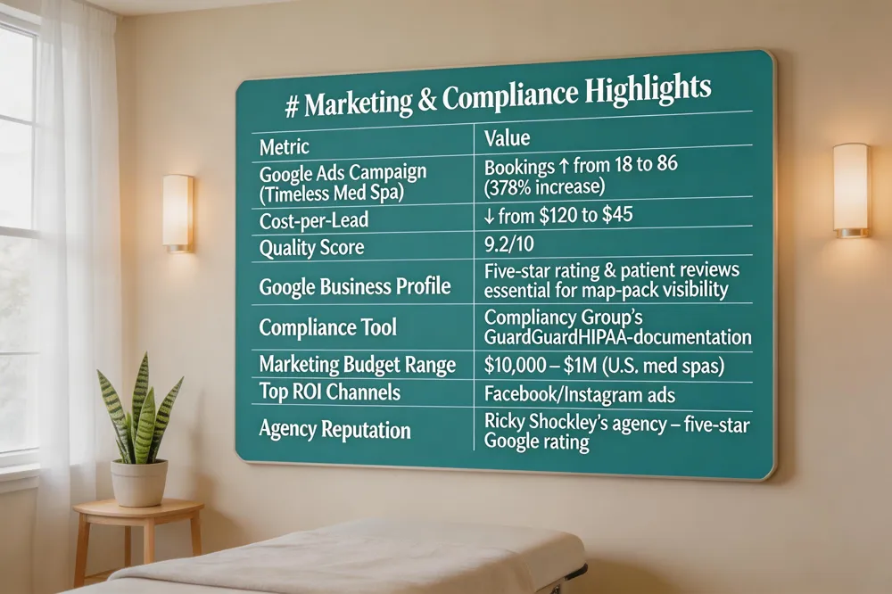 # Marketing & Compliance Highlights
| Metric | Value |
|---|---|
| Google Ads Campaign (Timeless Med Spa) | Bookings ↑ from 18 to 86 (378 % increase) |
| Cost‑per‑Lead | ↓ from $120 to $45 |
| Quality Score | 9.2/10 |
| Google Business Profile | Five‑star rating & patient reviews essential for map‑pack visibility |
| Compliance Tool | Compliancy Group’s GuardGuardHIPAA‑compliant documentation) |
| Marketing Budget Range | $10,000 – $1 M (U.S. med spas) |
| Top ROI Channels | Facebook/Instagram ads |
| Agency Reputation | Ricky Shockley’s agency – five‑star Google rating |
| 