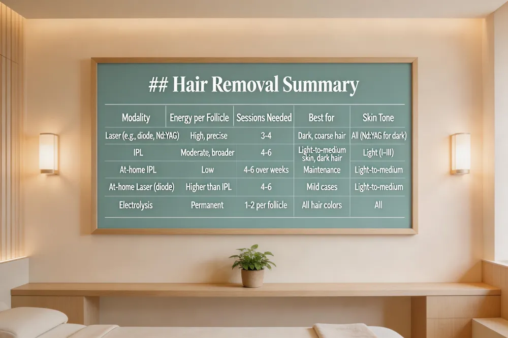 ## Hair Removal Summary
| Modality | Energy per Follicle | Sessions Needed | Best for | Skin Tone |
|---|---|---|---|---|
| Laser (e.g., diode, Nd:YAG) | High, precise | 3‑4 | Dark, coarse hair | All (Nd:YAG for dark) |
| IPL | Moderate, broader | 4‑6 | Light‑to‑medium skin, dark hair | Light (I‑III) |
| At‑home IPL | Low | 4‑6 over weeks | Maintenance | Light‑to‑medium |
| At‑home Laser (diode) | Higher than IPL | 4‑6 | Mild cases | Light‑to‑medium |
| Electrolysis | Permanent | 1‑2 per follicle | All hair colors | All |
| 