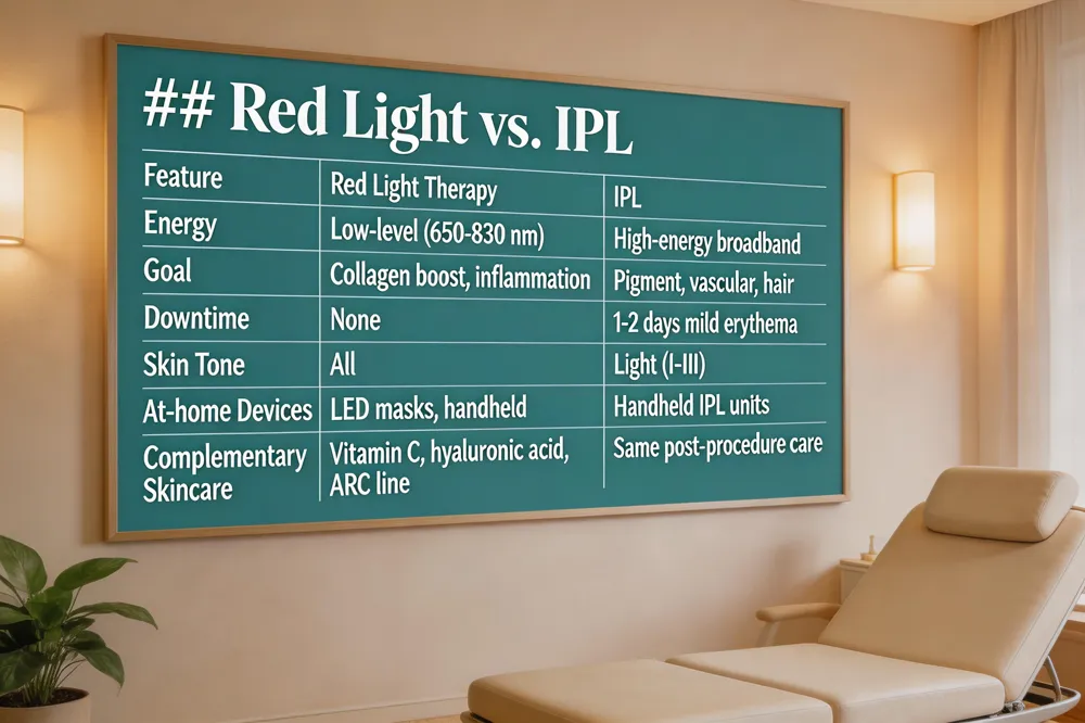## Red Light vs. IPL
| Feature | Red Light Therapy | IPL |
|---|---|---|
| Energy | Low‑level (650‑830 nm) | High‑energy broadband |
| Goal | Collagen boost, inflammation | Pigment, vascular, hair |
| Downtime | None | 1‑2 days mild erythema |
| Skin Tone | All | Light (I‑III) |
| At‑home Devices | LED masks, handheld | Handheld IPL units |
| Complementary Skincare | Vitamin C, hyaluronic acid, ARC line | Same post‑procedure care |
| 