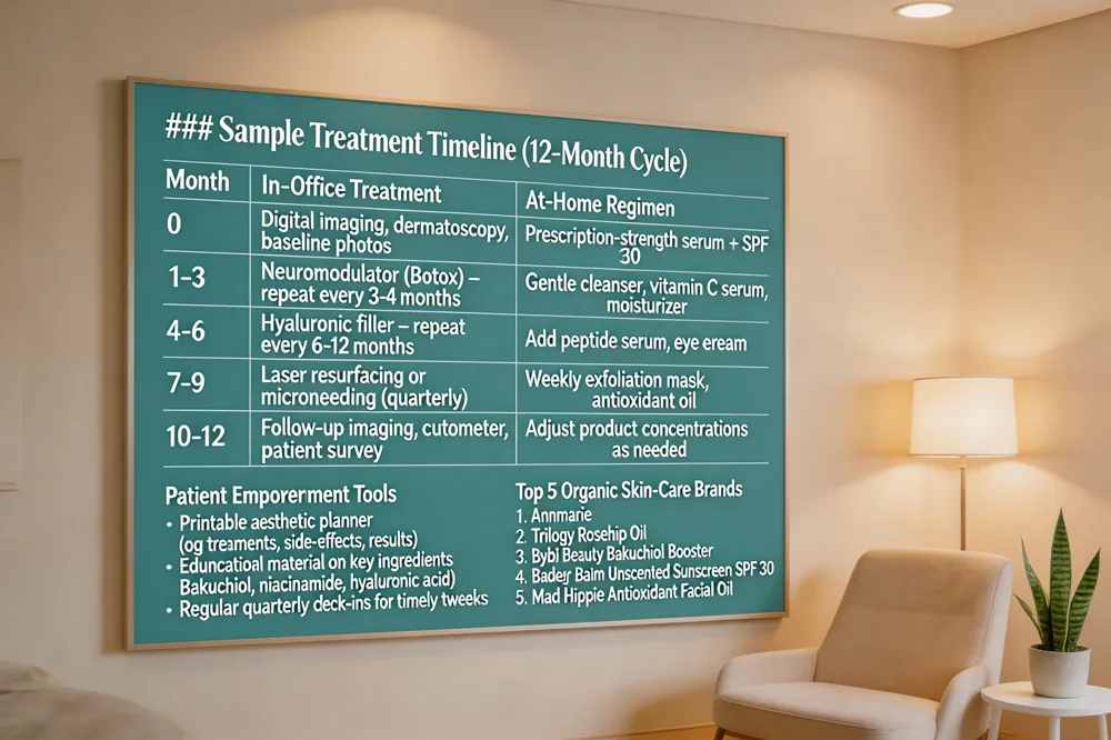 ### Sample Treatment Timeline (12‑Month Cycle)
| Month | In‑Office Treatment | At‑Home Regimen |
|---|---|---|
| 0 | Digital imaging, dermatoscopy, baseline photos | Prescription‑strength serum + SPF 30 |
| 1‑3 | Neuromodulator (Botox) – repeat every 3‑4 months | Gentle cleanser, vitamin C serum, moisturizer |
| 4‑6 | Hyaluronic filler – repeat every 6‑12 months | Add peptide serum, eye cream |
| 7‑9 | Laser resurfacing or microneedling (quarterly) | Weekly exfoliation mask, antioxidant oil |
| 10‑12 | Follow‑up imaging, cutometer, patient survey | Adjust product concentrations as needed |
Patient Empowerment Tools
- Printable aesthetic planner (log treatments, side‑effects, results)
- Educational material on key ingredients (Bakuchiol, niacinamide, hyaluronic acid)
- Regular quarterly check‑ins for timely tweaks
Top 5 Organic Skin‑Care Brands (re‑listed for quick reference)
- Annmarie
- Trilogy Rosehip Oil
- Bybi Beauty Bakuchiol Booster
- Badger Balm Unscented Sunscreen SPF 30
- Mad Hippie Antioxidant Facial Oil