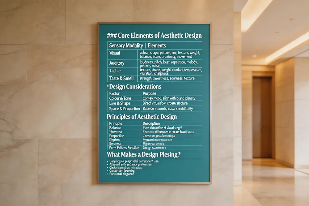 ### Core Elements of Aesthetic Design
| Sensory Modality | Elements |
|---|---|
| Visual | colour, shape, pattern, line, texture, weight, balance, scale, proximity, movement |
| Auditory | loudness, pitch, beat, repetition, melody, pattern, noise |
| Tactile | texture, shape, weight, comfort, temperature, vibration, sharpness |
| Taste & Smell | strength, sweetness, sourness, texture |
Design Considerations
| Factor | Purpose |
|---|---|
| Colour & Tone | Convey mood, align with brand identity |
| Line & Shape | Direct visual flow, create structure |
| Texture & Form | Add depth, tactile interest |
| Space & Proportion | Balance elements, ensure readability |
Principles of Aesthetic Design
| Principle | Description |
|---|---|
| Balance | Even distribution of visual weight |
| Contrast | Emphasize differences to create focal points |
| Harmony | Cohesive, pleasing relationships |
| Proportion | Relative size relationships |
| Rhythm | Repetition that guides the eye |
| Emphasis | Highlight key elements |
| Unity | Overall coherence |
| Form Follows Function | Design serves purpose first |
What Makes a Design Pleasing?
- Simplicity & purposeful component use
- Alignment with audience preferences
- Gestalt grouping principles
- Consistent branding
- Functional elegance