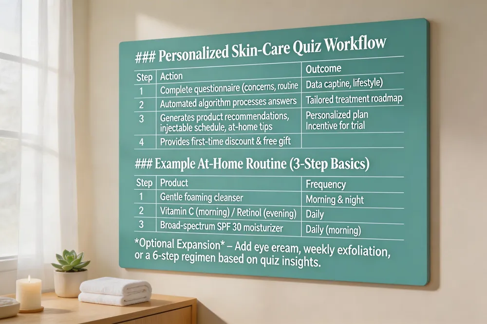 ### Personalized Skin‑Care Quiz Workflow
| Step | Action | Outcome |
|---|---|---|
| 1 | Complete questionnaire (concerns, routine, lifestyle) | Data capture |
| 2 | Automated algorithm processes answers | Tailored treatment roadmap |
| 3 | Generates product recommendations, injectable schedule, at‑home tips | Personalized plan |
| 4 | Provides first‑time discount & free gift | Incentive for trial |
Example At‑Home Routine (3‑Step Basics)
| Step | Product | Frequency |
|---|---|---|
| Cleanser | Gentle foaming cleanser | Morning & night |
| Serum | Vitamin C (morning) / Retinol (evening) | Daily |
| Moisturizer with SPF | Broad‑spectrum SPF 30 moisturizer | Daily (morning) |
Optional Expansion – Add eye cream, weekly exfoliation, or a 6‑step regimen based on quiz insights.