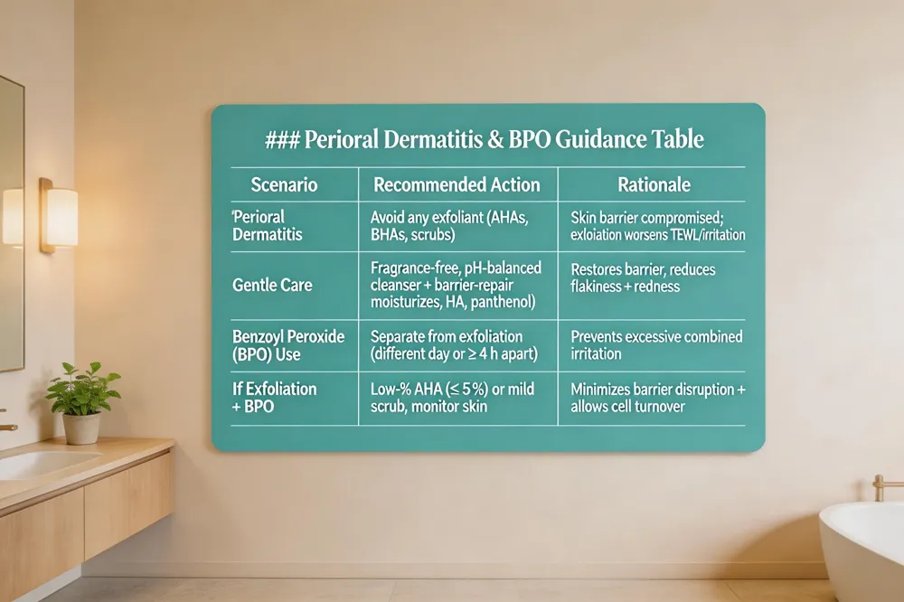 ### Perioral Dermatitis & BPO Guidance Table
| Scenario | Recommended Action | Rationale |
|---|---|---|
| Perioral Dermatitis | Avoid any exfoliant (AHAs, BHAs, scrubs) | Skin barrier already compromised; exfoliation worsens TEWL and irritation |
| Gentle Care | Fragrance‑free, pH‑balanced cleanser + barrier‑repair moisturizer (ceramides, HA, panthenol) | Restores barrier, reduces flakiness |
| Benzoyl Peroxide (BPO) Use | Separate from exfoliation (different day or ≥ 4 h apart) | Prevents excessive irritation from combined keratolytic effects |
| If Exfoliation Desired with BPO | Use low‑percentage AHA (≤ 5 %) or mild physical scrub, monitor skin response | Minimizes barrier disruption while still providing some cell turnover |
| 