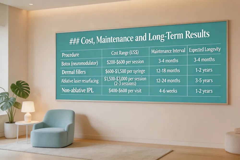 ### Cost, Maintenance and Long‑Term Results
| Procedure | Cost Range (US$) | Maintenance Interval | Expected Longevity |
|---|---|---|---|
| Botox (neuromodulator) | $200‑$600 per session | 3‑4 months | 3‑4 months |
| Dermal fillers | $600‑$1,500 per syringe | 12‑18 months | 1‑2 years |
| Ablative laser resurfacing | $1,500‑$3,000 per session (2‑3 sessions) | 12‑24 months | 3‑5 years |
| Non‑ablative IPL | $400‑$600 per visit | 4‑6 weeks | 1‑2 years |
| 