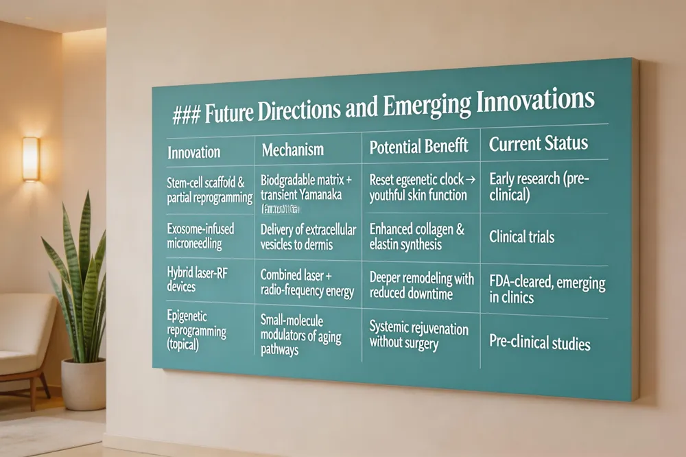 ### Future Directions and Emerging Innovations
| Innovation | Mechanism | Potential Benefit | Current Status |
|---|---|---|---|
| Stem‑cell scaffold & partial reprogramming | Biodegradable matrix + transient Yamanaka factors | Reset epigenetic clock → youthful skin function | Early research (pre‑clinical) |
| Exosome‑infused microneedling | Delivery of extracellular vesicles to dermis | Enhanced collagen & elastin synthesis | Clinical trials |
| Hybrid laser‑RF devices | Combined laser + radio‑frequency energy | Deeper remodeling with reduced downtime | FDA‑cleared, emerging in clinics |
| Epigenetic reprogramming (topical) | Small‑molecule modulators of aging pathways | Systemic rejuvenation without surgery | Pre‑clinical studies |
| 