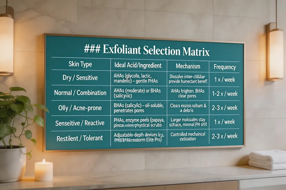 ### Exfoliant Selection Matrix
| Skin Type | Ideal Acid/Ingredient | Mechanism | Frequency |
|---|---|---|---|
| Dry / Sensitive | AHAs (glycolic, lactic, mandelic) – gentle PHAs | Dissolve inter‑cellular bonds; provide humectant benefit | 1 × /week |
| Normal / Combination | AHAs (moderate) or BHAs (salicylic) | AHAs brighten; BHAs clear pores | 1‑2 × /week |
| Oily / Acne‑prone | BHAs (salicylic) – oil‑soluble, penetrates pores | Clears excess sebum & debris | 2‑3 × /week |
| Sensitive / Reactive | PHAs, enzyme peels (papaya, pineapple), ultra‑fine physical scrubs | Larger molecules stay surface; minimal pH shift | 1 × /week |
| Resilient / Tolerant | Adjustable‑depth devices (e.g., PMD Microderm Elite Pro) | Controlled mechanical exfoliation | 2‑3 × /week |
| 