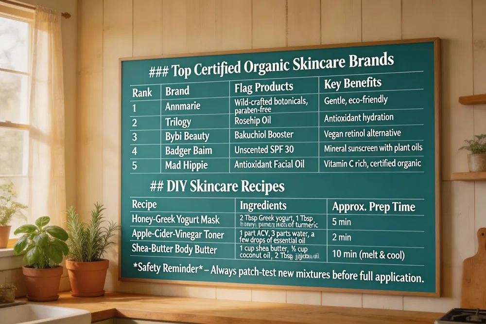 ### Top Certified Organic Skincare Brands
| Rank | Brand | Flag Products | Key Benefits |
|---|---|---|---|
| 1 | Annmarie | Wild‑crafted botanicals, paraben‑free | Gentle, eco‑friendly |
| 2 | Trilogy | Rosehip Oil | Antioxidant hydration |
| 3 | Bybi Beauty | Bakuchiol Booster | Vegan retinol alternative |
| 4 | Badger Balm | Unscented SPF 30 | Mineral sunscreen with plant oils |
| 5 | Mad Hippie | Antioxidant Facial Oil | Vitamin C rich, certified organic |
DIY Skincare Recipes
| Recipe | Ingredients | Approx. Prep Time |
|---|---|---|
| Honey‑Greek Yogurt Mask | 2 Tbsp Greek yogurt, 1 Tbsp honey, pinch of turmeric | 5 min |
| Apple‑Cider‑Vinegar Toner | 1 part ACV, 3 parts water, a few drops of essential oil | 2 min |
| Shea‑Butter Body Butter | 1 cup shea butter, ½ cup coconut oil, 2 Tbsp jojoba oil | 10 min (melt & cool) |
Safety Reminder – Always patch‑test new mixtures before full application.
